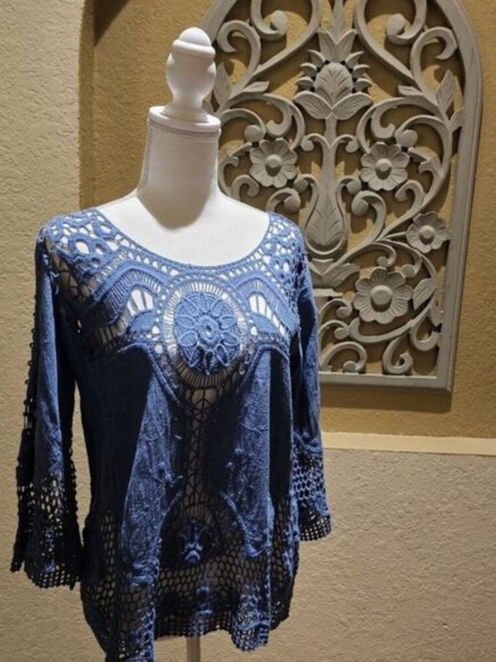 Taylor & Sage Woman's S Cotton Blue Crochet Lace Boho Top With 3/4 Sleeves